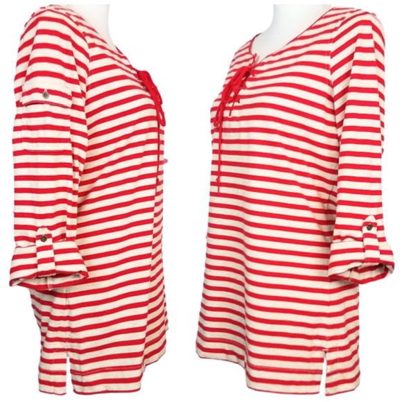 CORAL BAY Coral Red Striped Lace-Up Coastal Blouse - Women's S - Picture 2 of 5